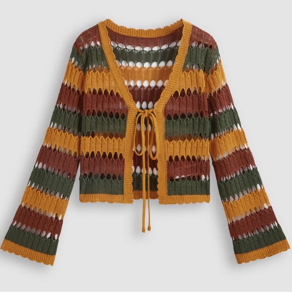 Cider Knit V-Neck Striped Knotted Crochet Boho Flare Sleeve Cardigan Sweater XL - Picture 4 of 15